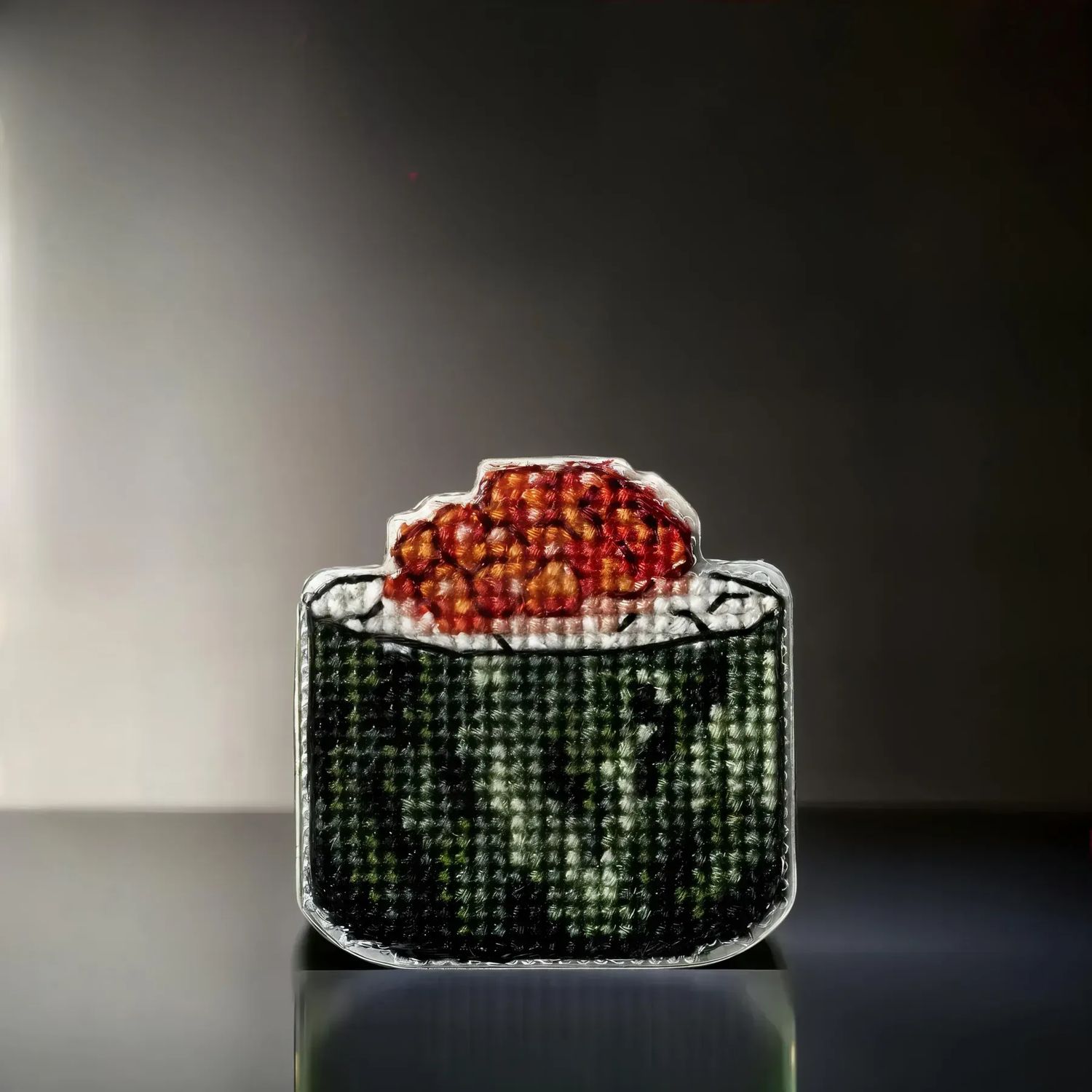 Caviar Sushi by Wonderland Crafts Double-Sided Cross stitch kit on a plastic base with magnet