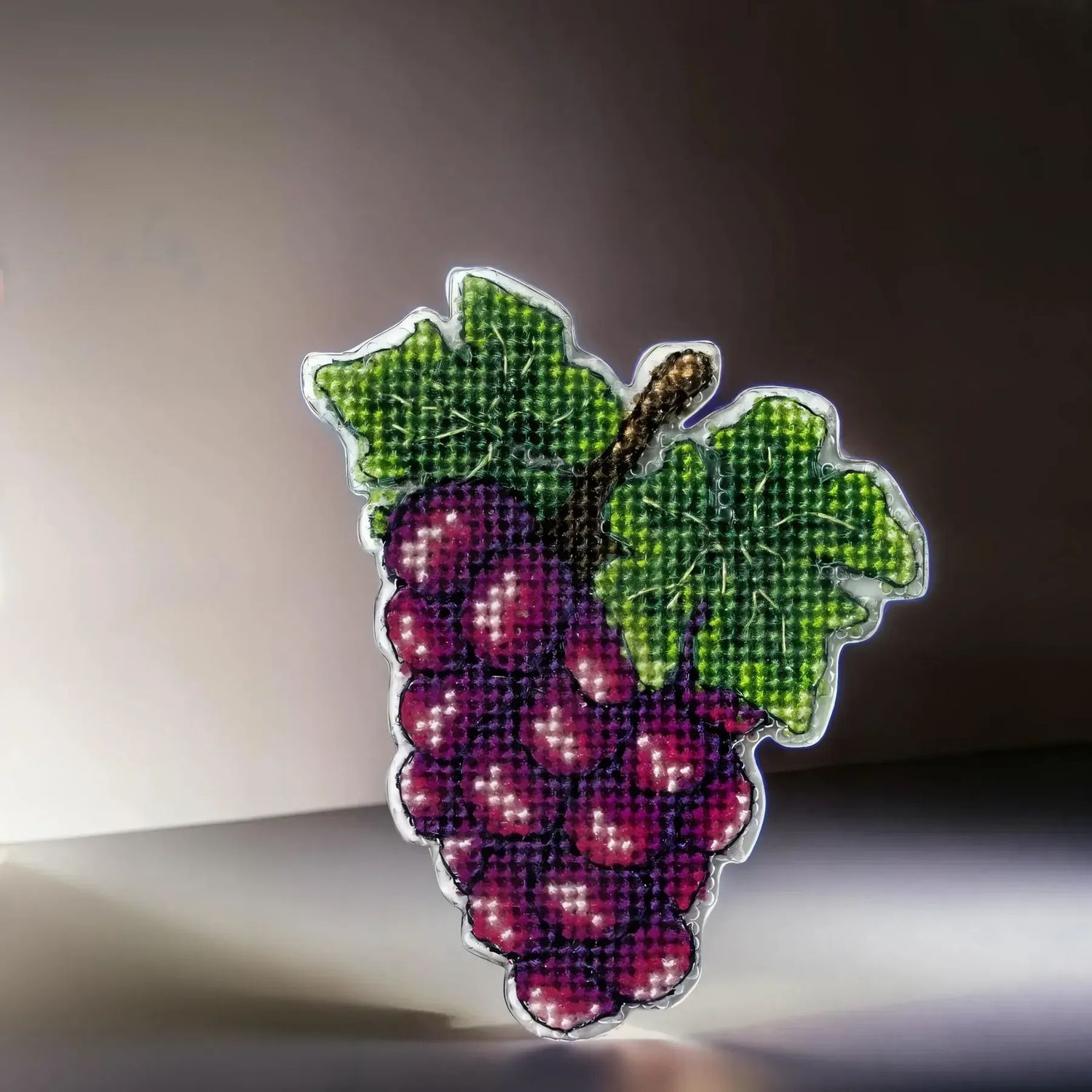 Grapes by Wonderland Crafts Double-Sided Cross stitch kit on a plastic base with magnet