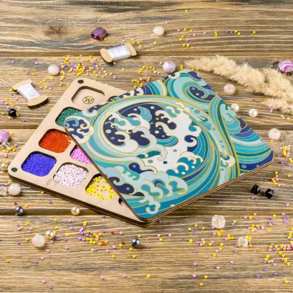 Ocean Wave Bead Organizer With Wooden Lid by Wonderland Crafts Square Bead wooden Organizer