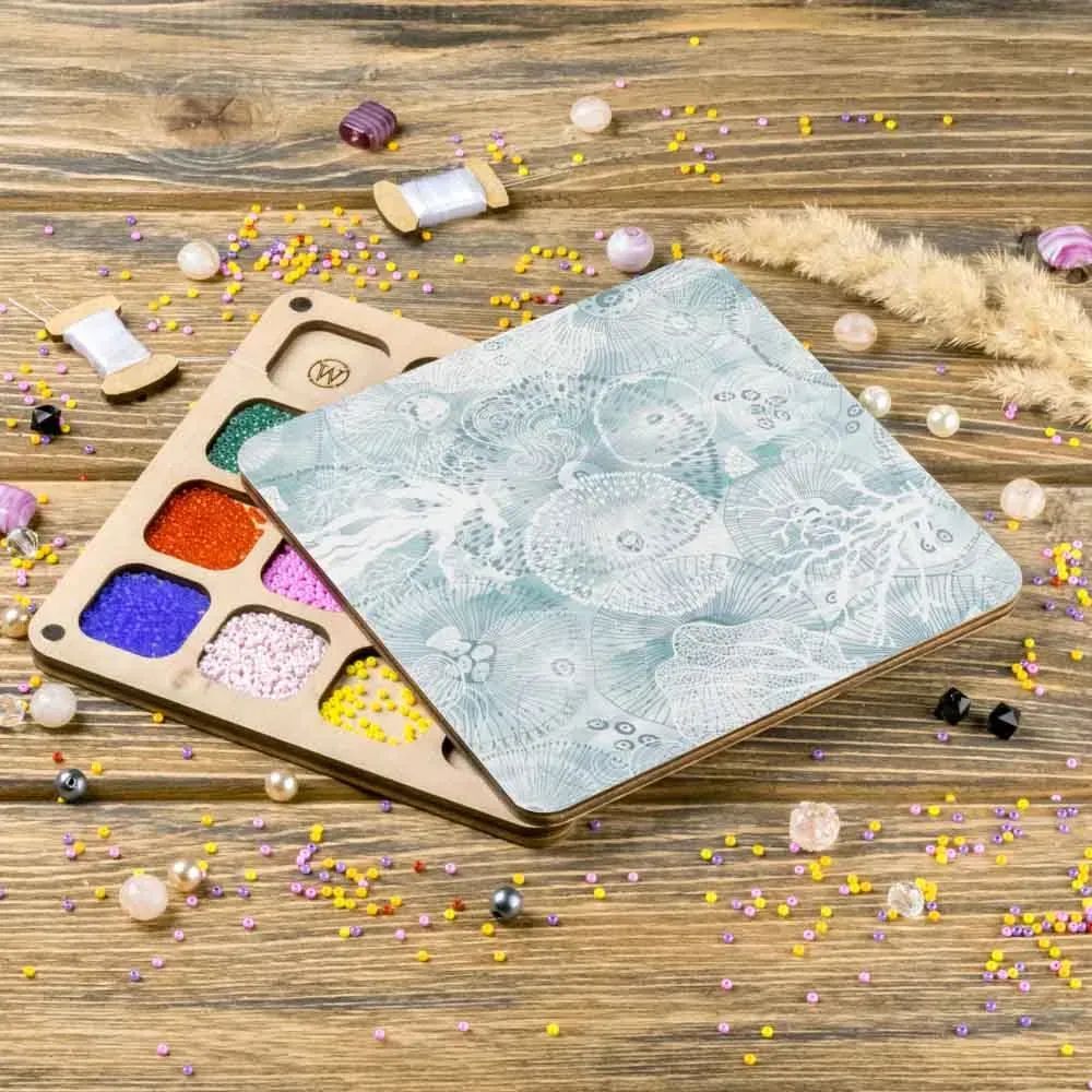 Sea Ornaments Bead Organizer With Wooden Lid by Wonderland Crafts Square Bead wooden Organizer