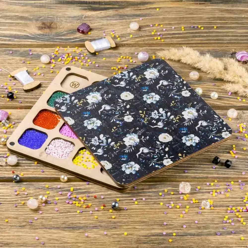 Night Flowers Bead Organizer With Wooden Lid by Wonderland Crafts Square Bead wooden Organizer