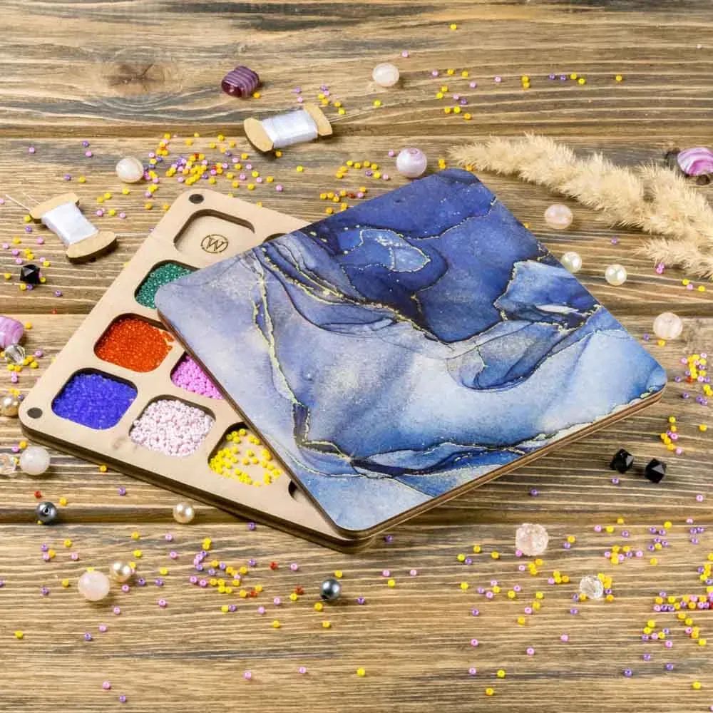 Blue Marble Bead Organizer With Wooden Lid by Wonderland Crafts Square wooden organizer