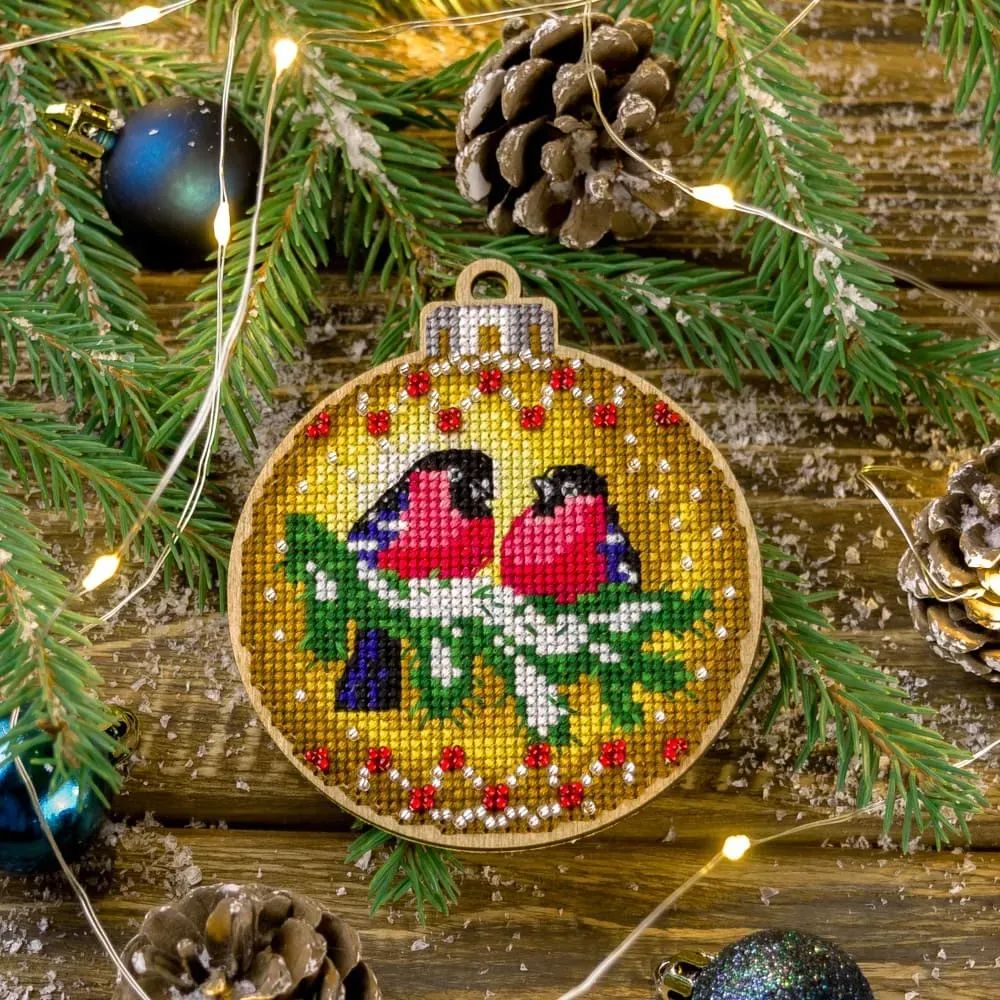 Bullfinches by Wonderland Crafts Christmas tree ball Cross-stitch with beads kit on wood Made in Ukraine