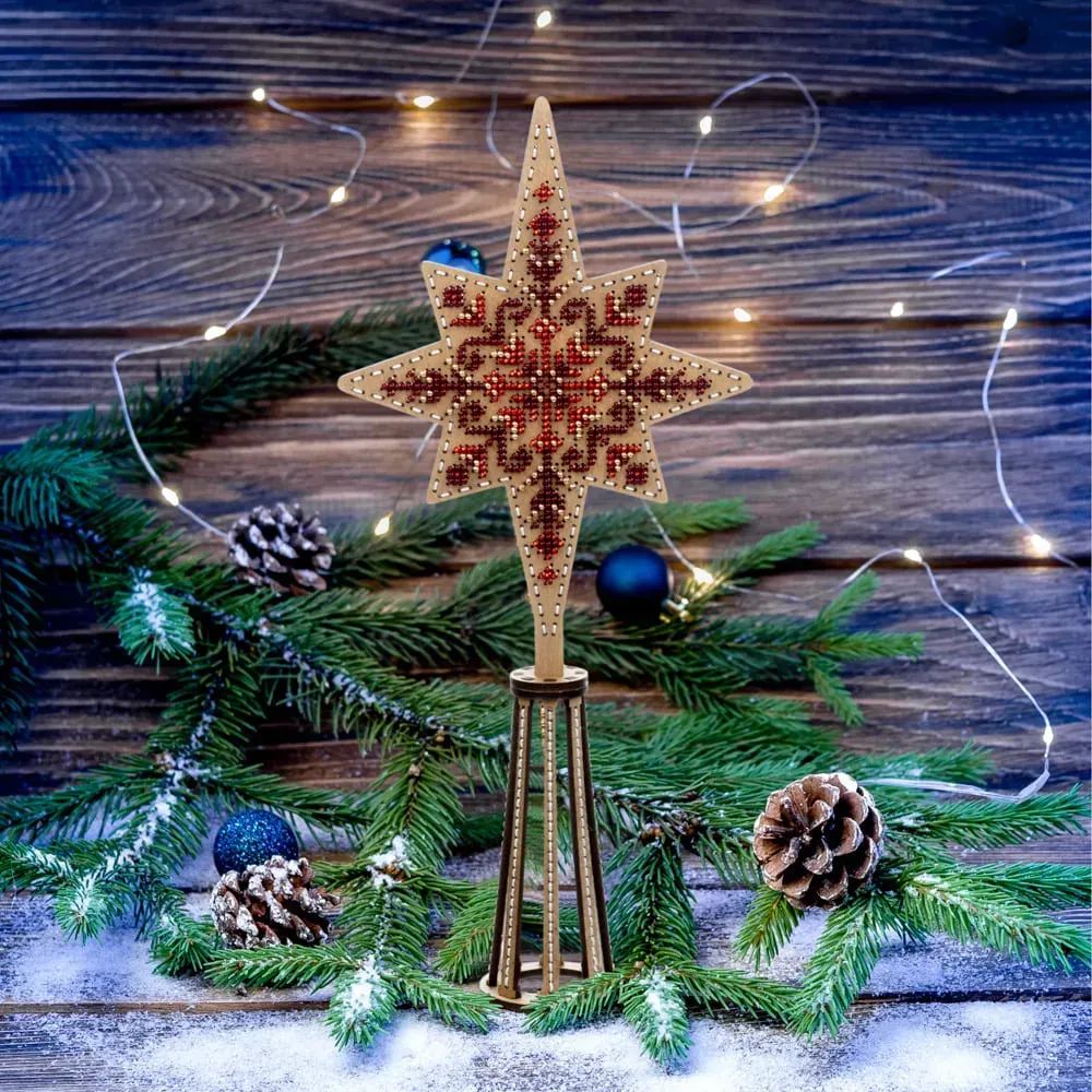 Red Tree Topper by Wonderland Crafts Bead embroidery kit on wood Christmas tree toys Made in Ukraine