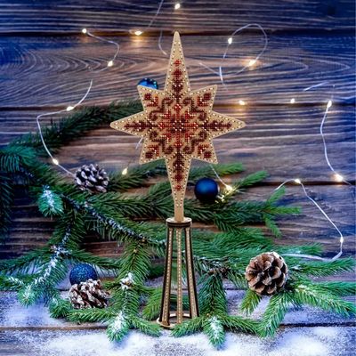 Red Tree Topper by Wonderland Crafts Bead embroidery kit on wood Christmas tree toys Made in Ukraine