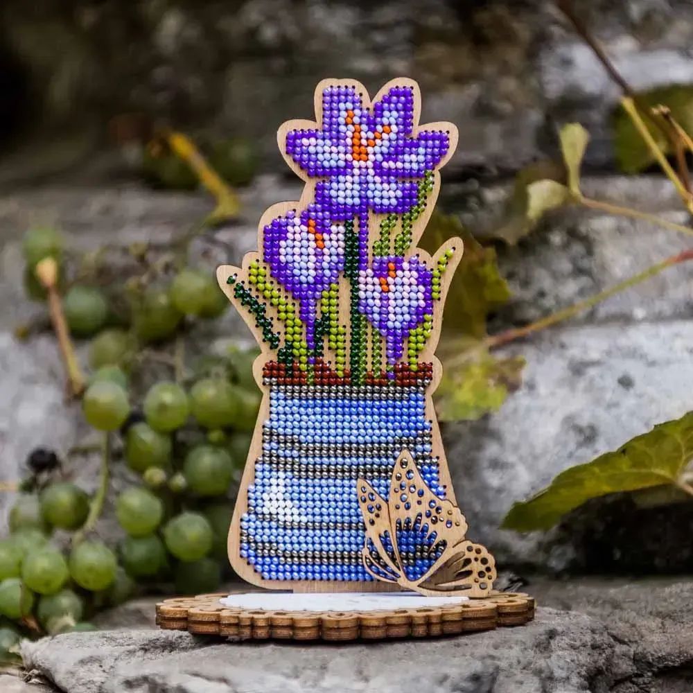 Crocuses in a blue vase by Wonderland Crafts Spring Bead embroidery kit on wood Made in Ukraine