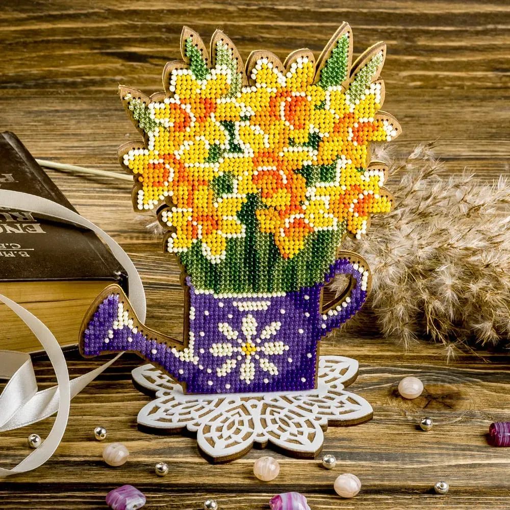 Daffodils in a watering can by Wonderland Crafts Spring Bead embroidery kit on wood Made in Ukraine