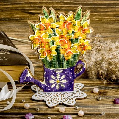Daffodils in a watering can by Wonderland Crafts Spring Bead embroidery kit on wood Made in Ukraine
