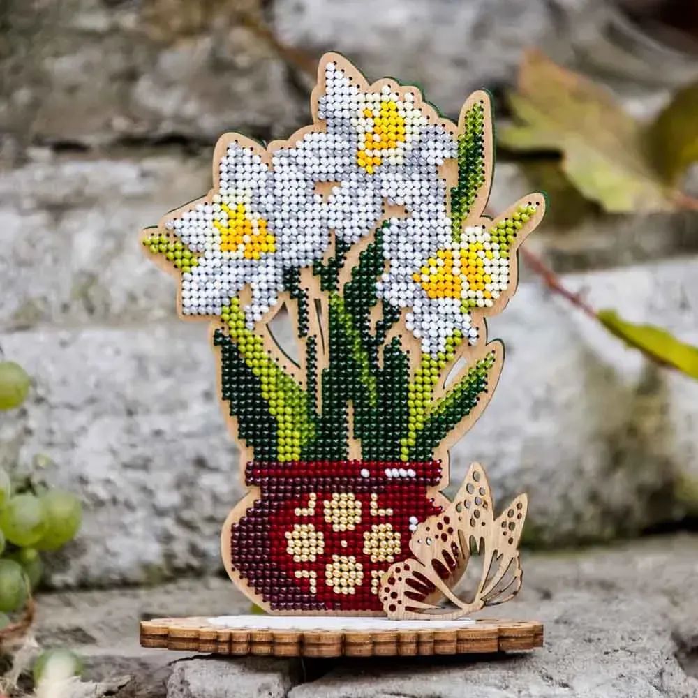 Daffodils in a red pot by Wonderland Crafts Spring Bead embroidery kit on wood Made in Ukraine
