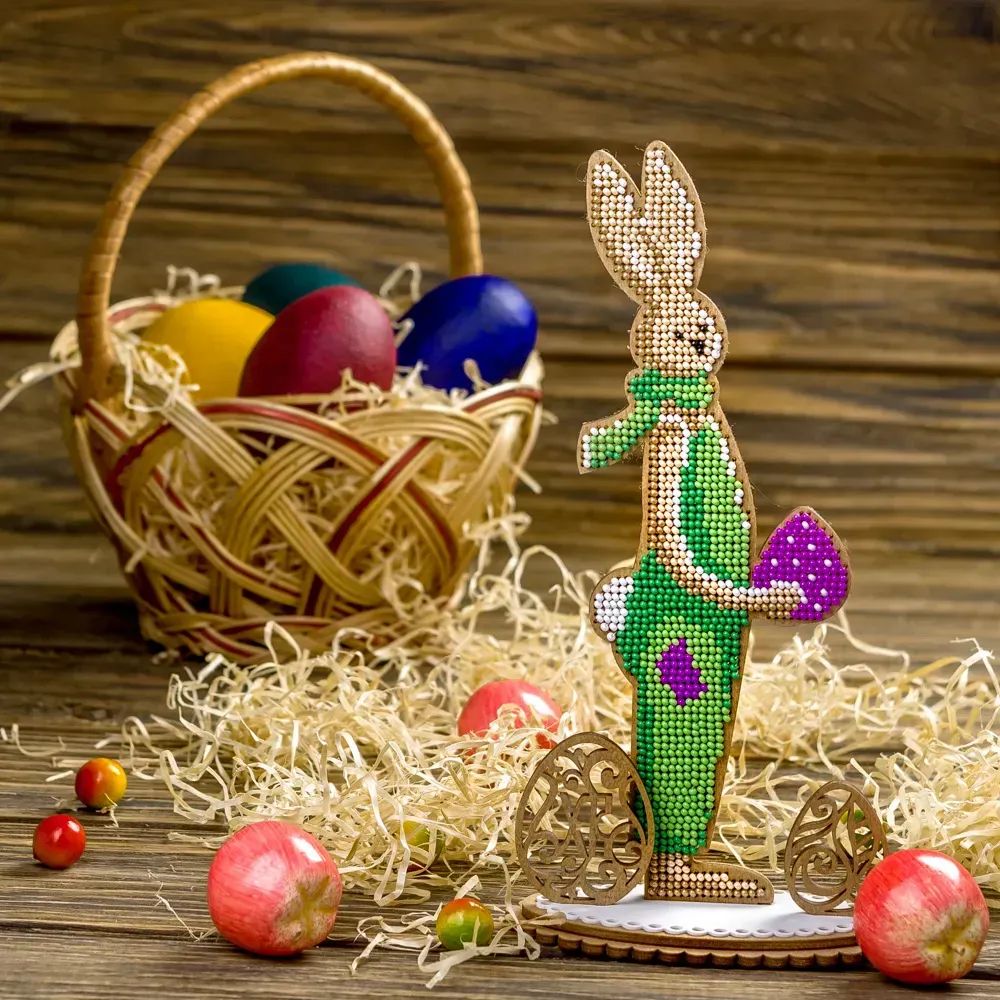 Easter bunny boy on a stand by Wonderland Crafts Easter Bead embroidery kit on wood Made in Ukraine