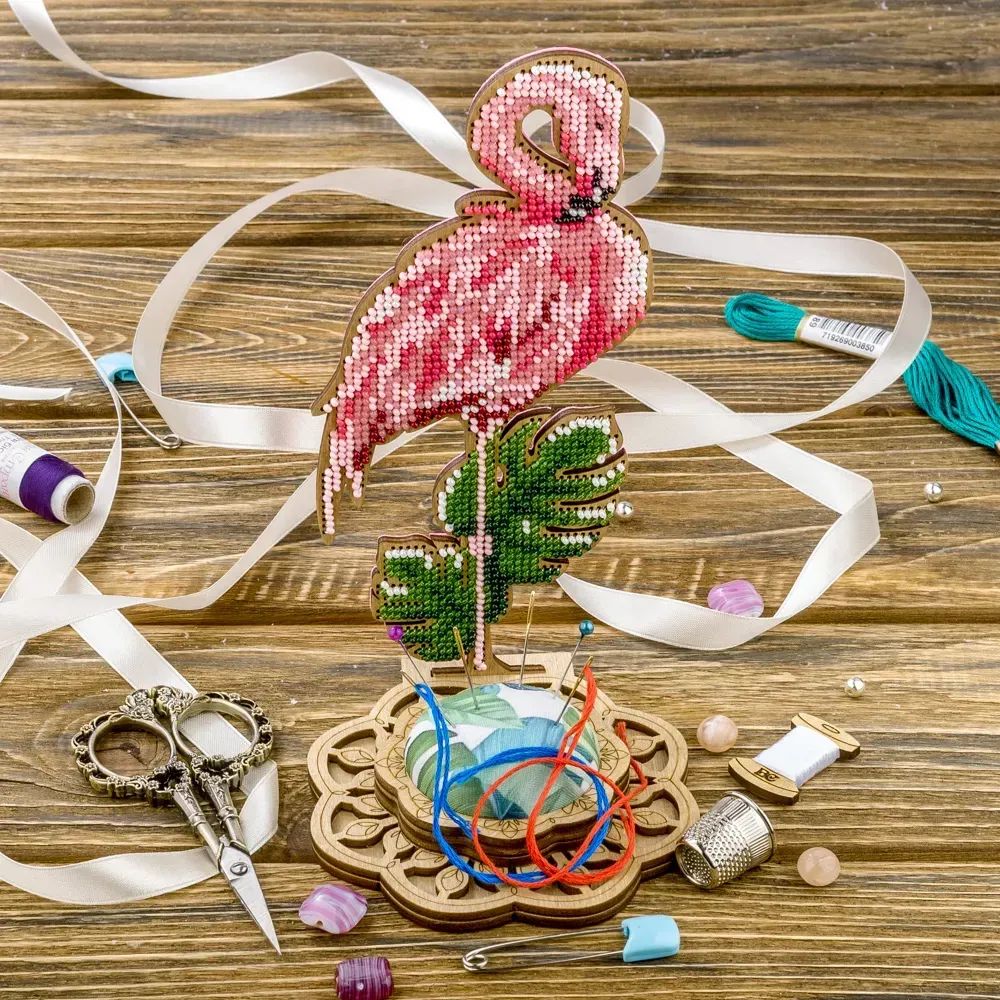 Pink Flamingo by Wonderland Crafts Craft kit for making needle cushion Set for embroidery on wood Made in Ukraine
