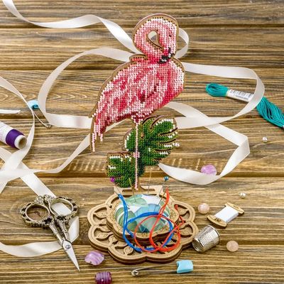 Pink Flamingo by Wonderland Crafts Craft kit for making needle cushion Set for embroidery on wood Made in Ukraine