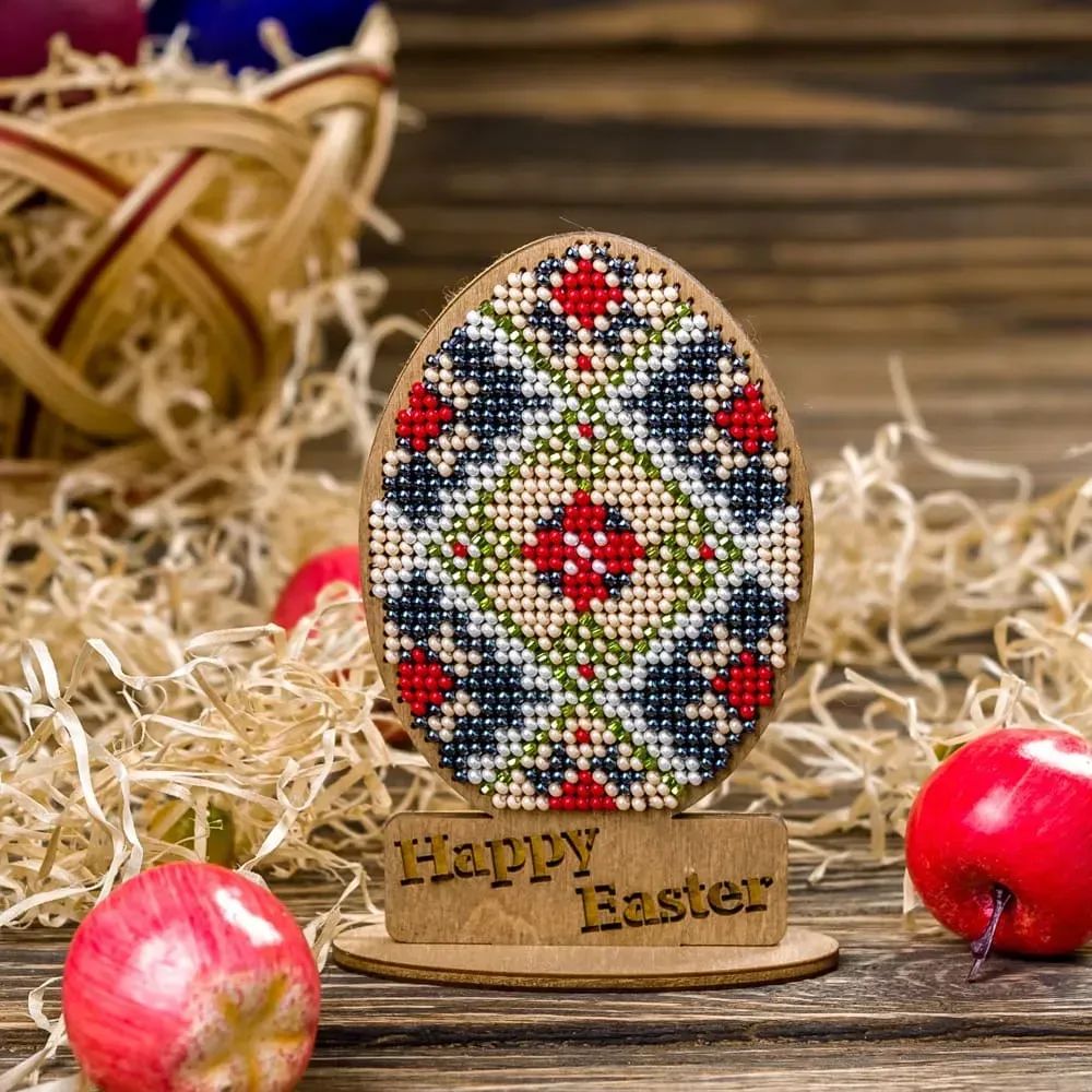 Happy Easter Easter egg on a stand by Wonderland Crafts Easter Bead embroidery kit on wood Made in Ukraine