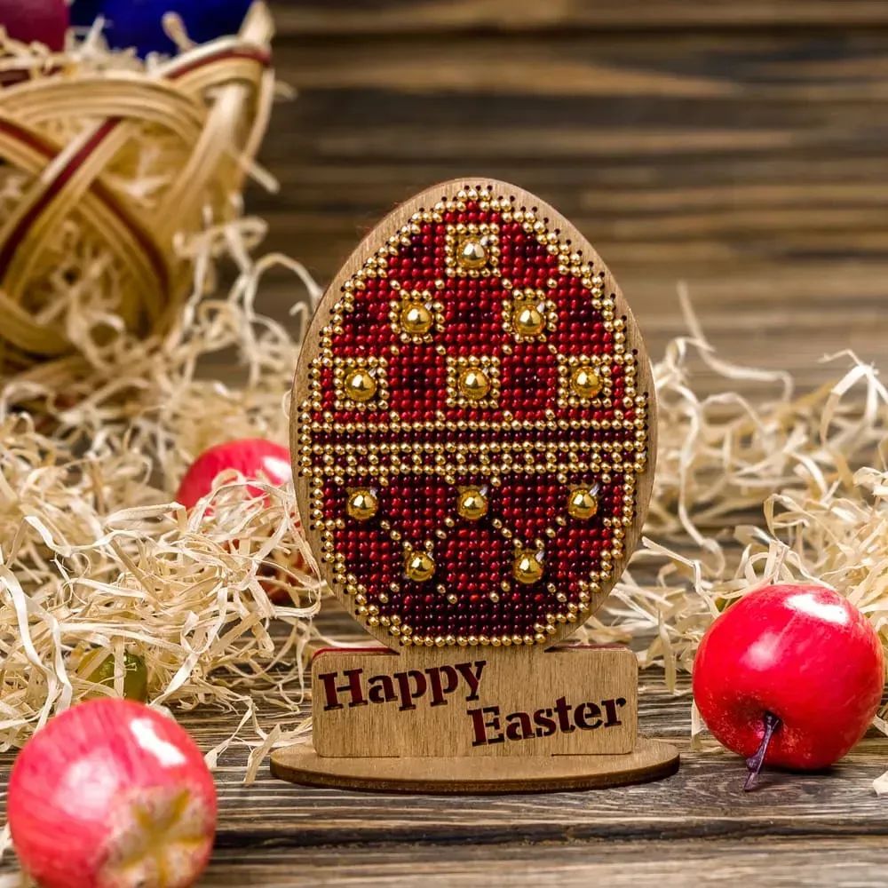 Easter egg red with gold ornament on a stand by Wonderland Crafts Easter Bead embroidery kit on wood Made in Ukraine