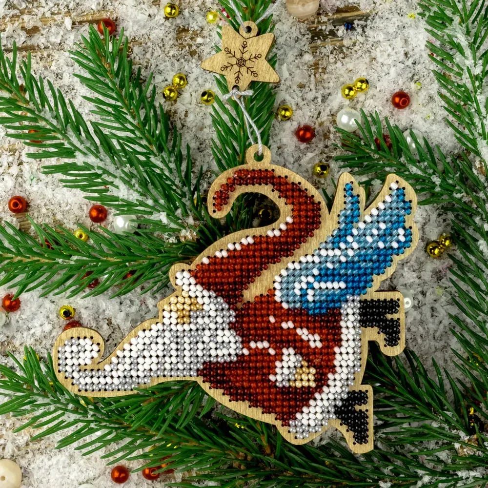 Flying Santa  by Wonderland Crafts Christmas Bead embroidery kit on wood Made in Ukraine