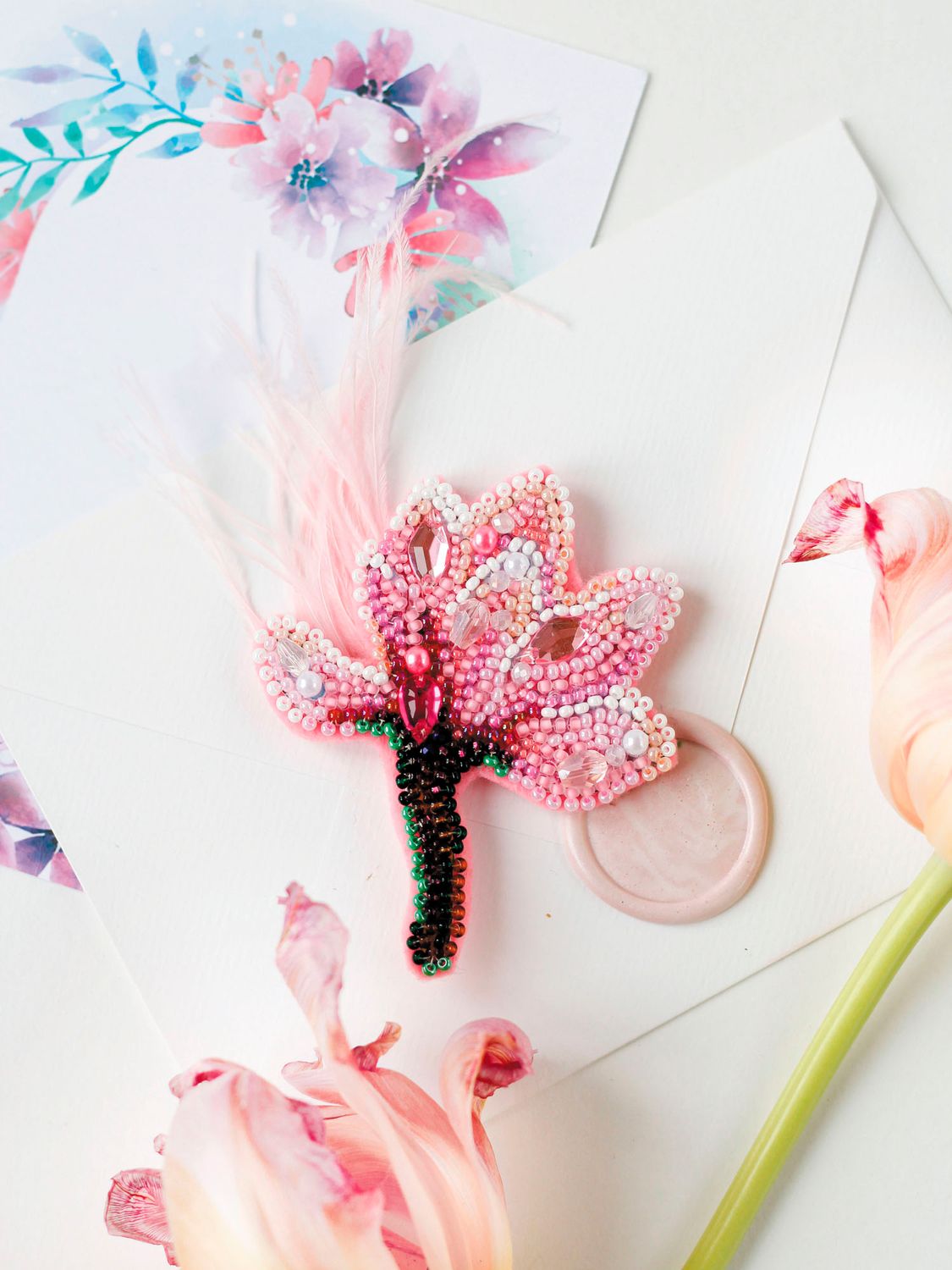 Delicate Magnolia by Abris Art Decoration Brooches (jewelry) with beads. Bead Embroidery Kit