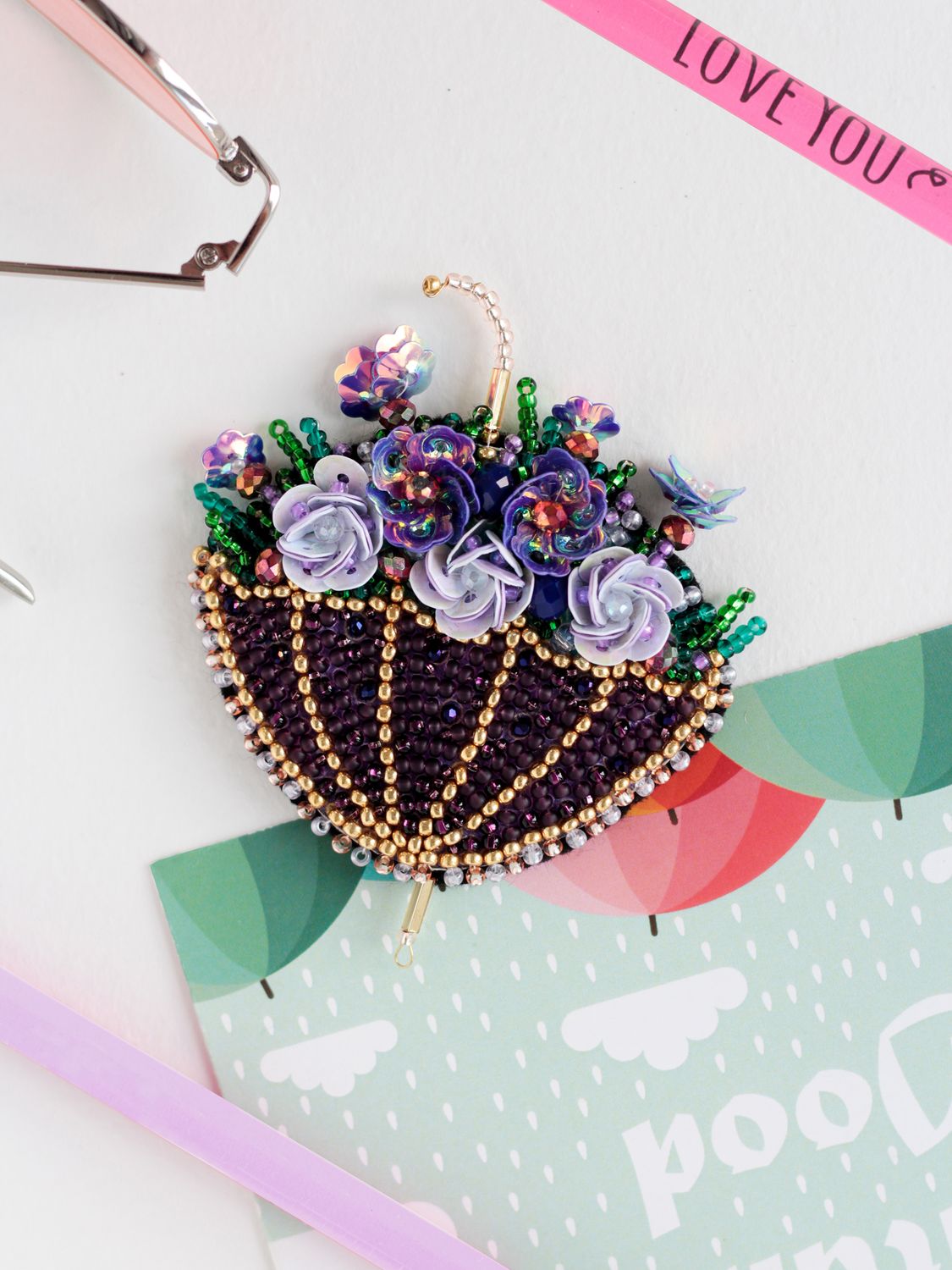 Umbrella by Abris Art Decoration Brooches (jewelry) with beads. Bead Embroidery Kit