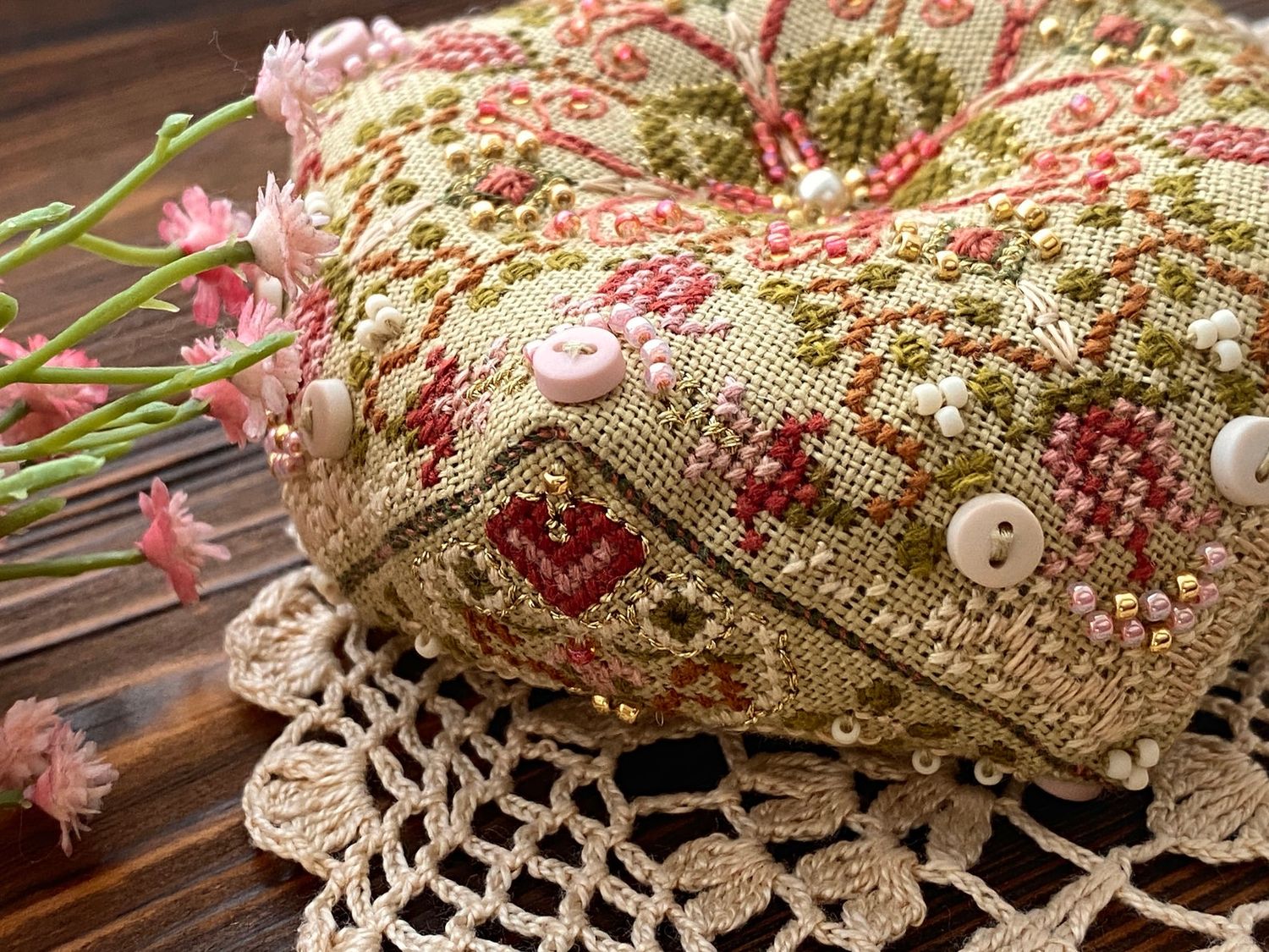 The blossom of love Biscornu by MilleFleur 2023 Cross Stitch Pattern, Bead &amp; Thread Packs