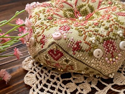The blossom of love Biscornu by MilleFleur 2023 Cross Stitch Pattern, Bead &amp; Thread Packs
