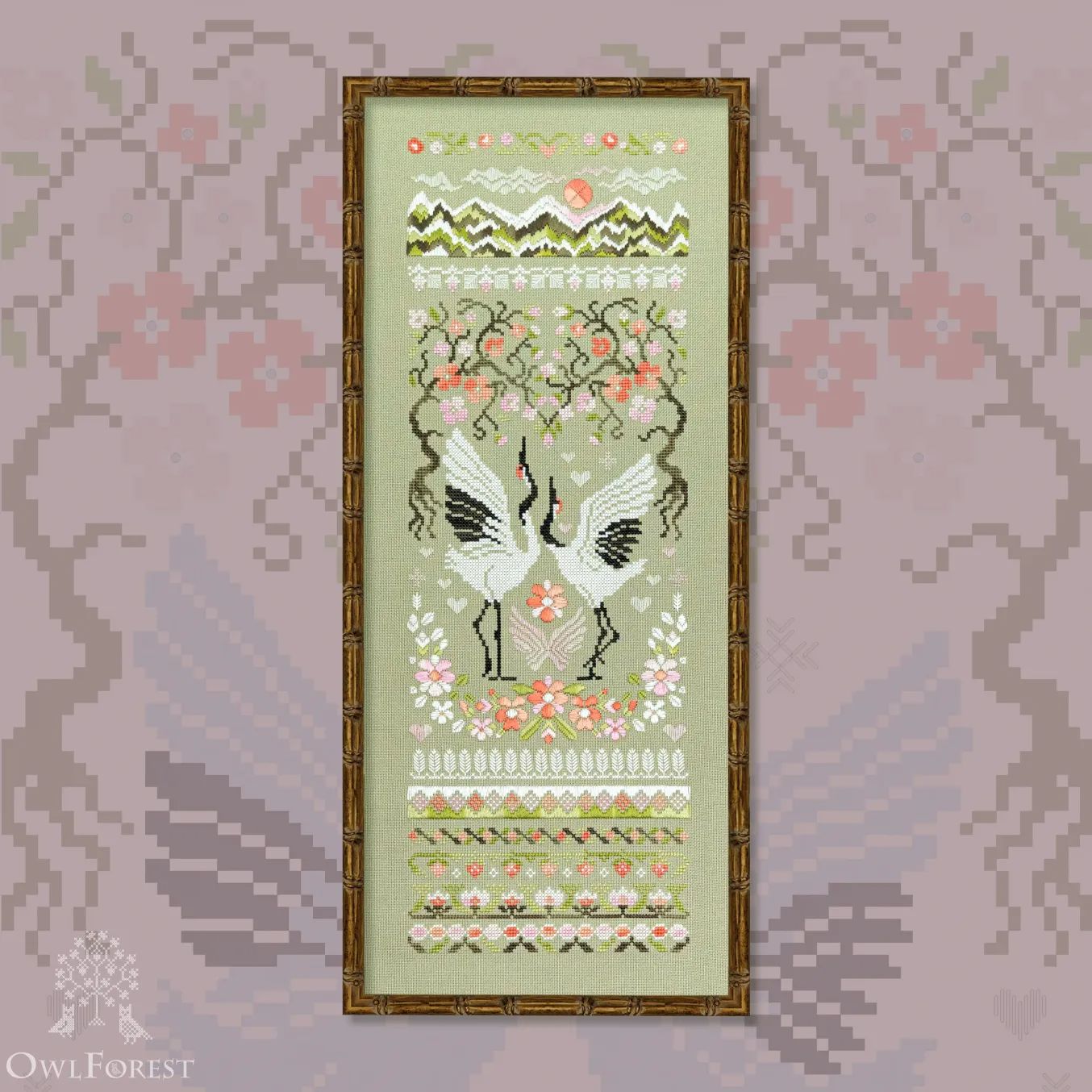 Peach Cranes by Owl Forest Embroidery 2023 Counted Cross stitch pattern, Set of OwlForest Hand-Dyed Threads DMC 28, 32, 36 ct with 2 strands