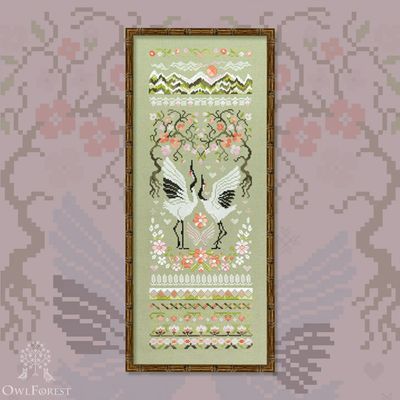 Peach Cranes by Owl Forest Embroidery 2023 Counted Cross stitch pattern, Set of OwlForest Hand-Dyed Threads DMC 28, 32, 36 ct with 2 strands