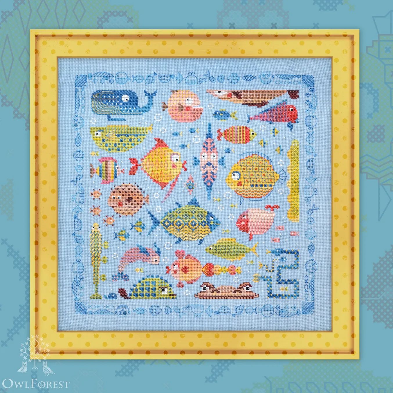 Playful Fish by Owl Forest Embroidery 2024 Printed counted cross stitch pattern Set of OwlForest Hand-Dyed Threads DMC 32 ct with 2 strands
