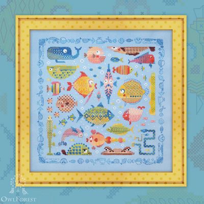 Playful Fish by Owl Forest Embroidery 2024 Printed counted cross stitch pattern Set of OwlForest Hand-Dyed Threads DMC 32 ct with 2 strands