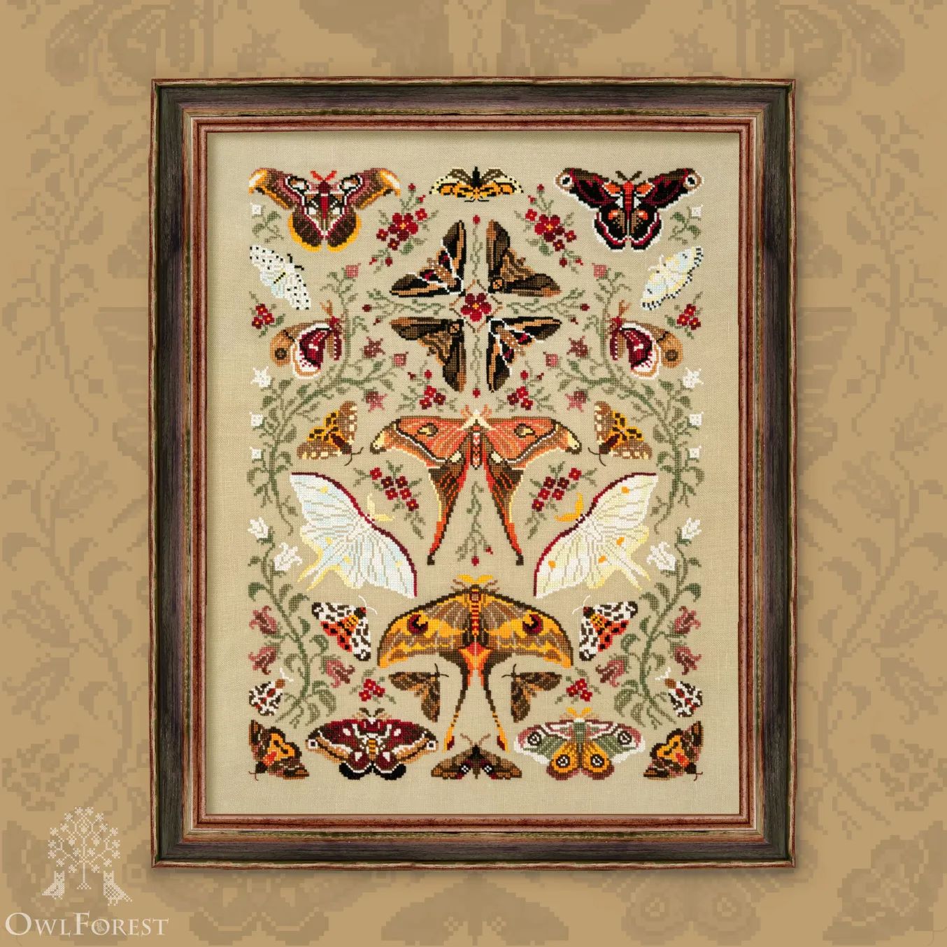Moth Waltz by Owl Forest Embroidery 2025 Printed counted cross stitch pattern, Set of Hand-Dyed Threads DMC 32 ct with 2 strands