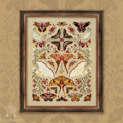 Moth Waltz by Owl Forest Embroidery 2025 Printed counted cross stitch pattern, Set of Hand-Dyed Threads DMC 32 ct with 2 strands