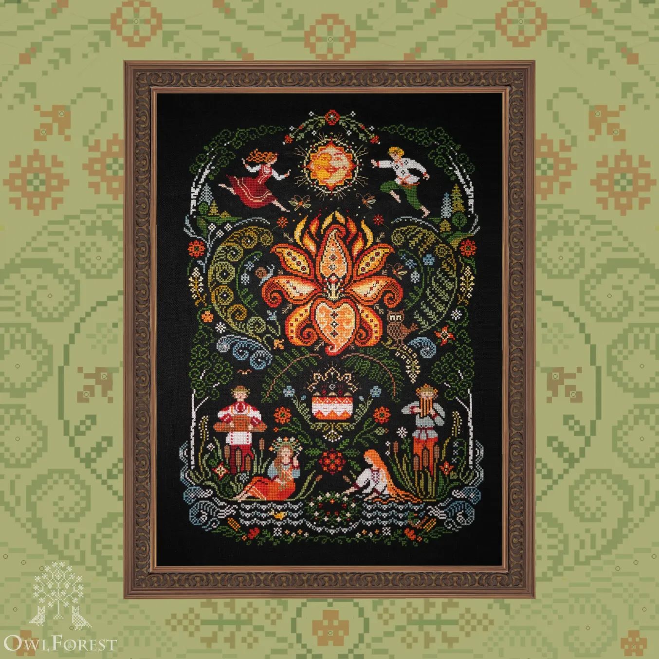 Fern Flower by Owl Forest Embroidery 2025 Printed counted cross stitch pattern, Set of Hand-Dyed Threads (DMC) 32 ct. with 2 strands