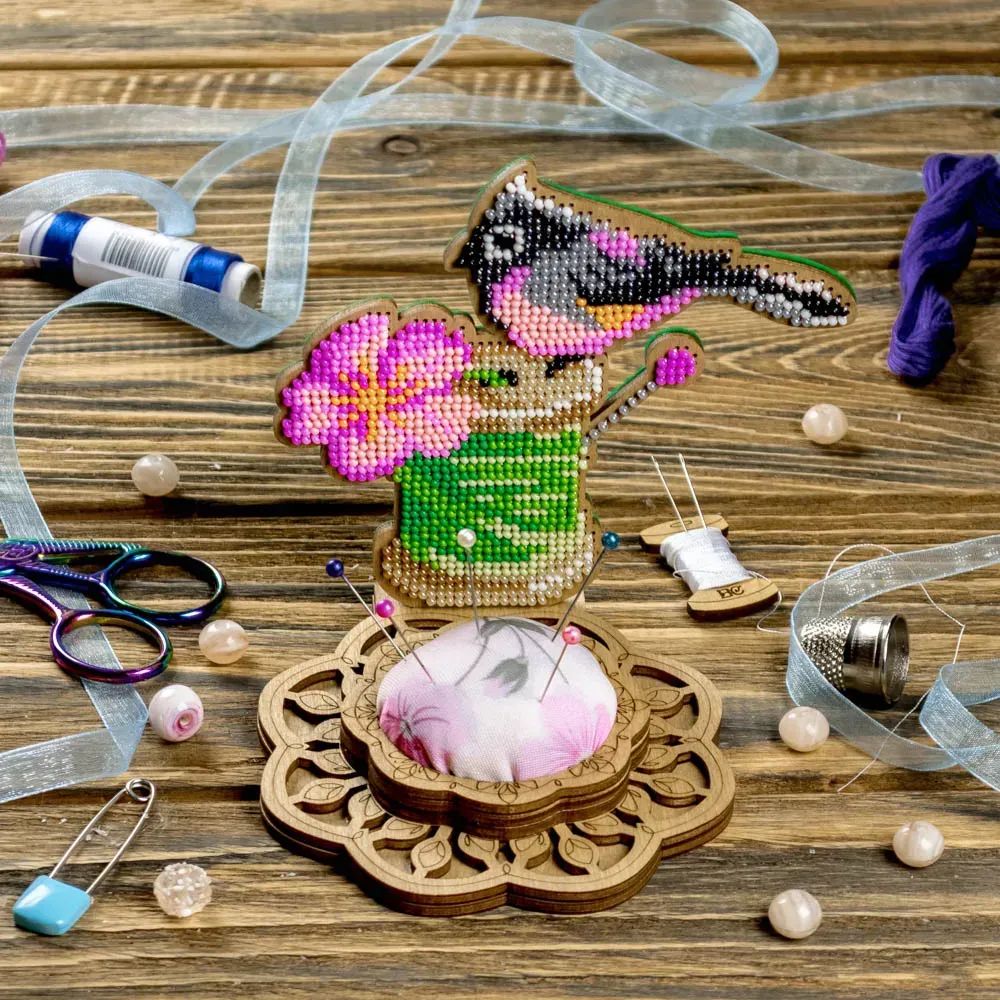 Bird With Flower - Needle Case by Wonderland Crafts Kit for making needle cushion Set for embroidery on wood