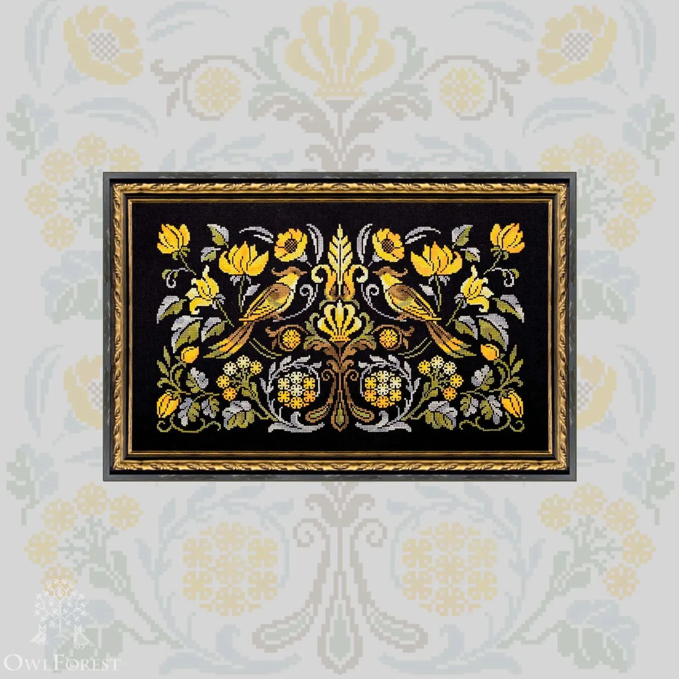 Amber Bird Night Songs by Owl Forest 2024 Counted Cross Stitch pattern, Set of Hand-Dyed Threads DMC 32, 36 ct. with 2 strands