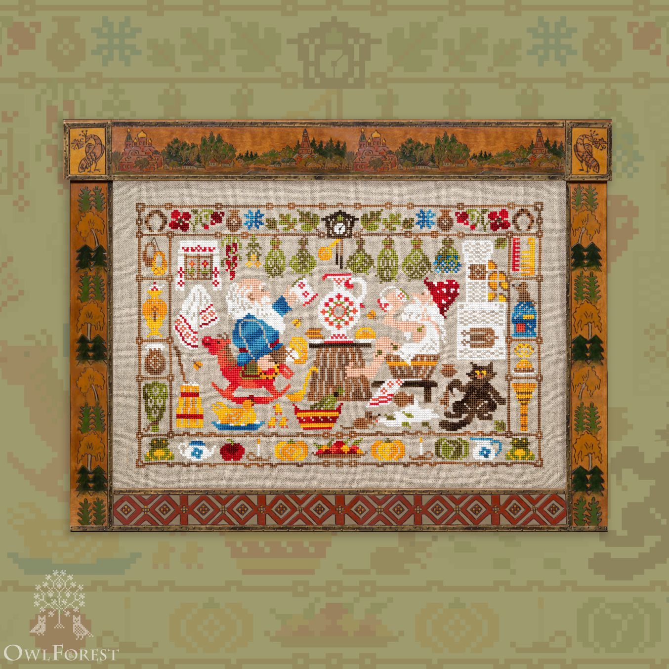 At the Bath House by Owl Forest Embroidery. Printed cross stitch pattern 2024, Set of Hand-Dyed Threads DMC 28, 32, 36 ct. with 2 strands