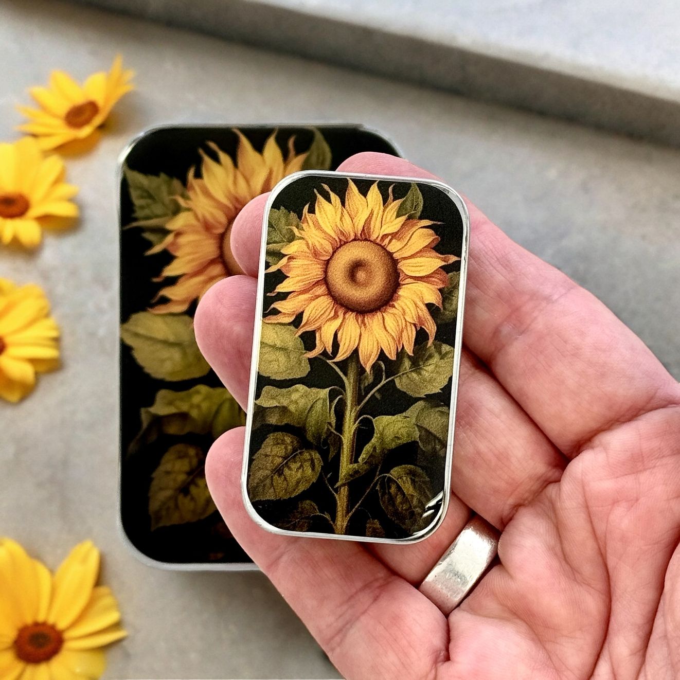 Beautiful Sunflower Small Tin by Firefly Notes Floral Slider Tin for Needles &amp; Notions