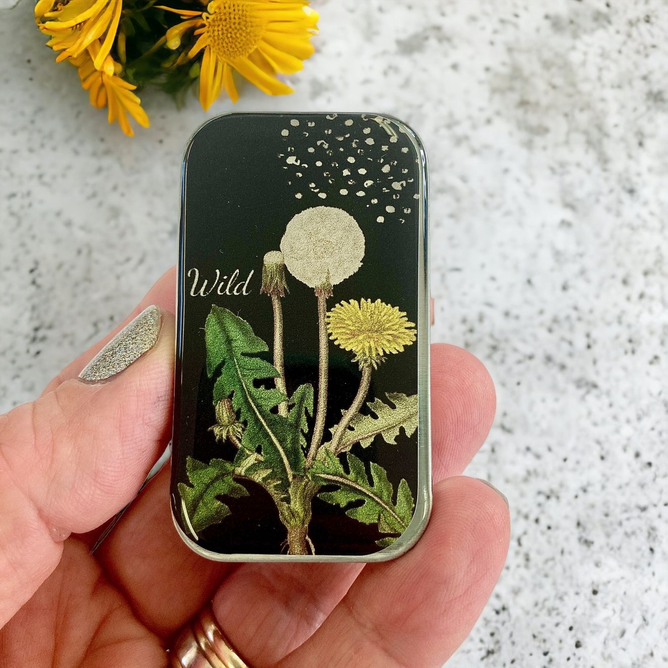 Dandelion Small Tin by Firefly Notes Floral Slider Tin for Needles &amp; Notions