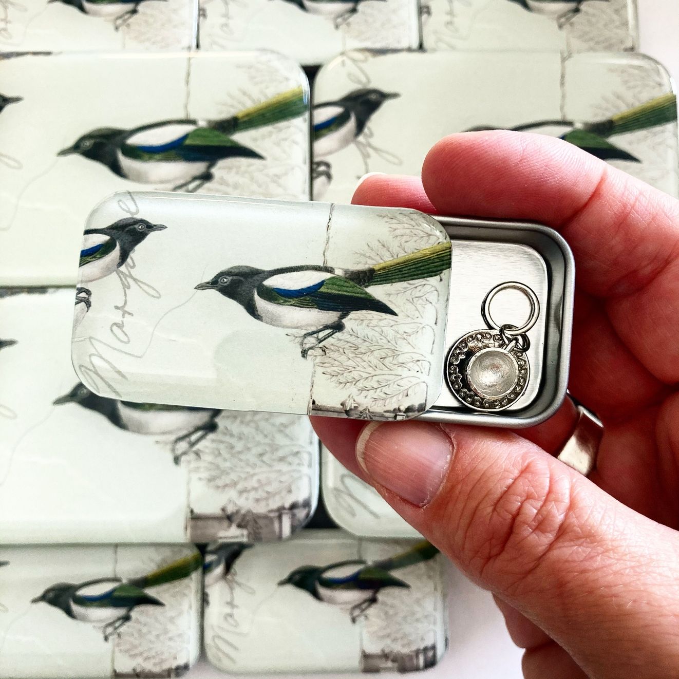 Magpie Small Tin by Firefly Notes Shiny Things Tin, Vintage Slider Tin for Needles &amp; Notions