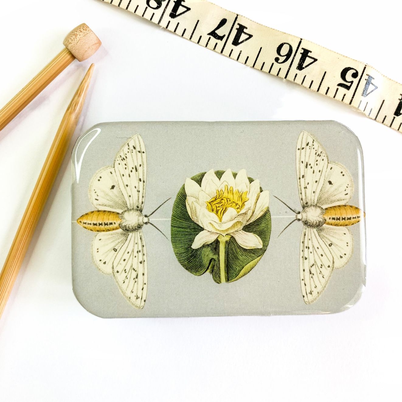Moth and Lotus Flower Large Storage Tin by Firefly Notes Vintage Slider Tin with Resin Top