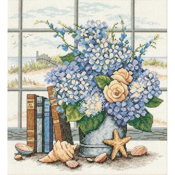 Hydrangeas &amp; Shells by Dimensions Counted Cross Stitch Kit 14 Count