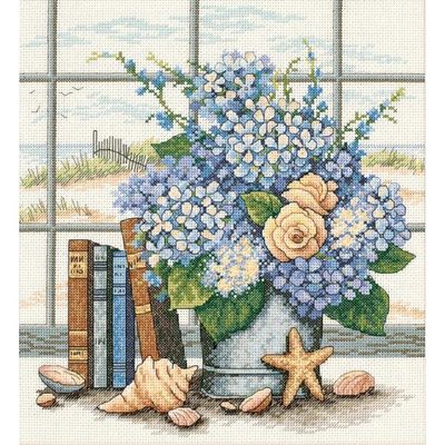 Hydrangeas &amp; Shells by Dimensions Counted Cross Stitch Kit 14 Count