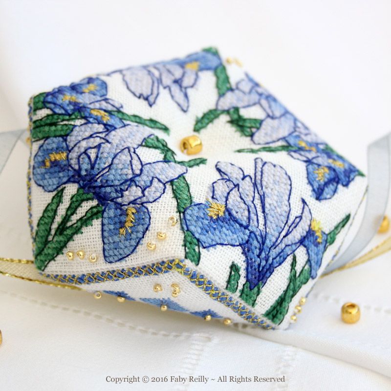 Blue Iris Biscornu by Faby Reilly Designs 2017 Counted Cross Stitch pattern Intermediate Level