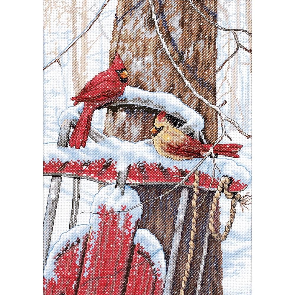 Cardinals On Sled by Dimensions 2009 Designer Donna Race Counted Cross Stitch Kit