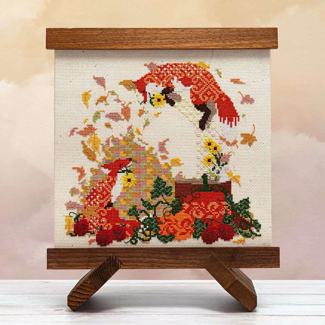 Frolicking Foxes by Counting Puddles 2024 Designer Lindsey Whitney Cross stitch pattern. Can you spot their tiny friend?