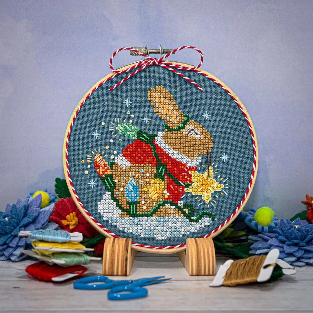 Rabbit’s Bright Winter Night Ornament by Counting Puddles 2023 Designer Lindsey Whitney. Winter Counted cross stitch pattern