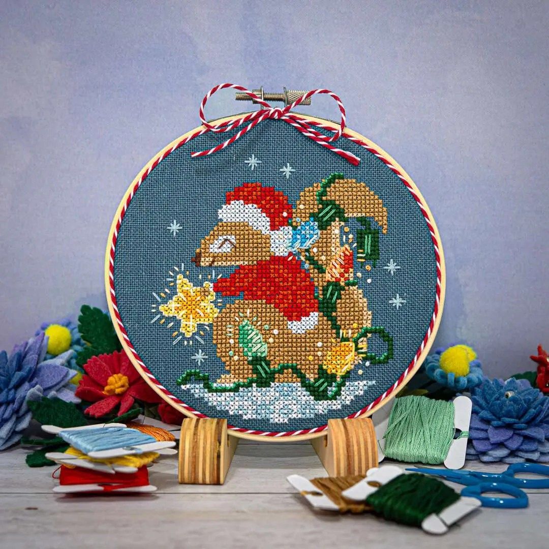 Squirrel’s Bright Winter Night Ornament by Counting Puddles 2023 Designer Lindsey Whitney. Winter Counted cross stitch pattern