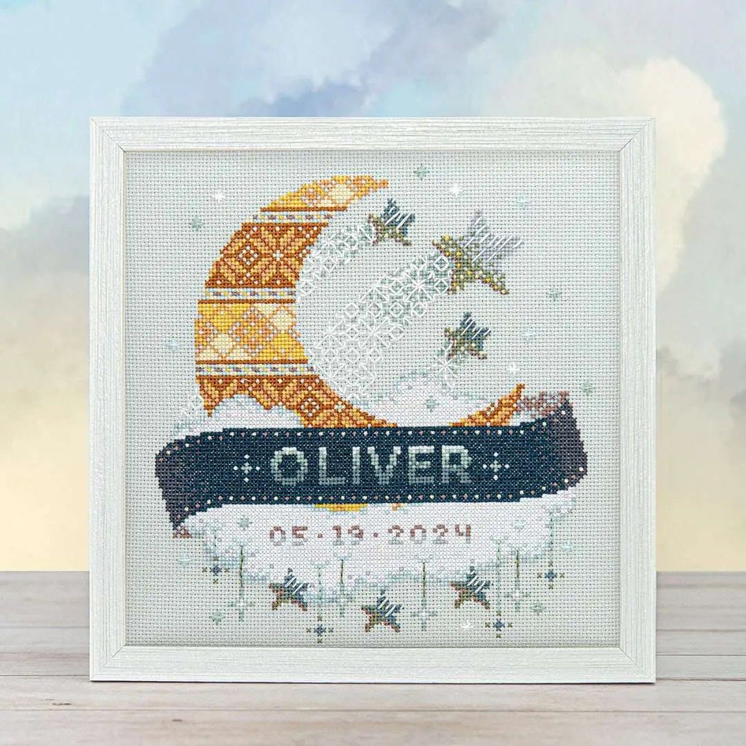 Moon + Stars by Counting Puddles 2025 Modern Baby Sampler Designer Lindsey Whitney Christmas Counted cross stitch pattern