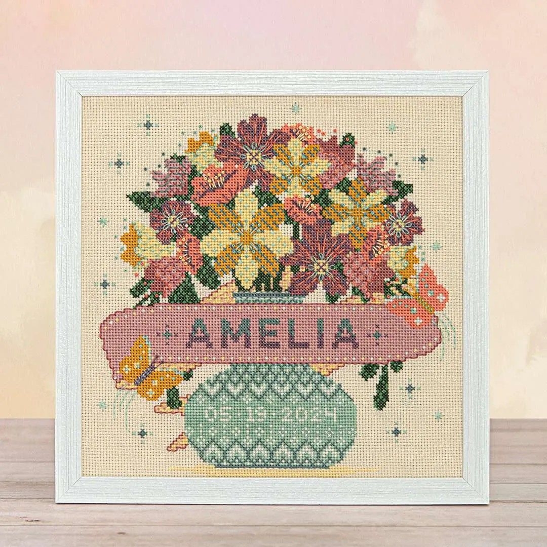 Bouquet + Butterflies by Counting Puddles 2025 Modern Baby Sampler Designer Lindsey Whitney Christmas Counted cross stitch pattern