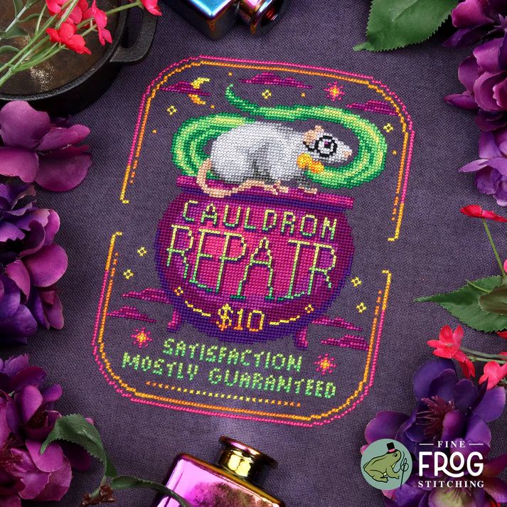 Cauldron Repair by Fine Frog Stitching 2025 Ominous Poster Series Printed Counted Cross Stitch pattern