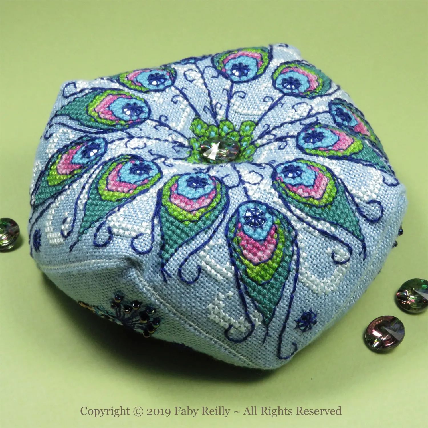 Peacock Biscornu by Faby Reilly Designs 2019 Counted Cross Stitch pattern