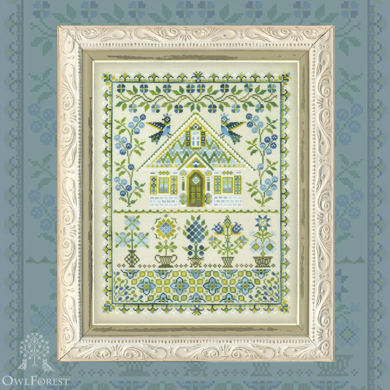 Blueberry House by Owl Forest Embroidery 2025 Printed counted cross stitch pattern, Set of Hand-Dyed Threads DMC 32.36 ct. with 2 strands