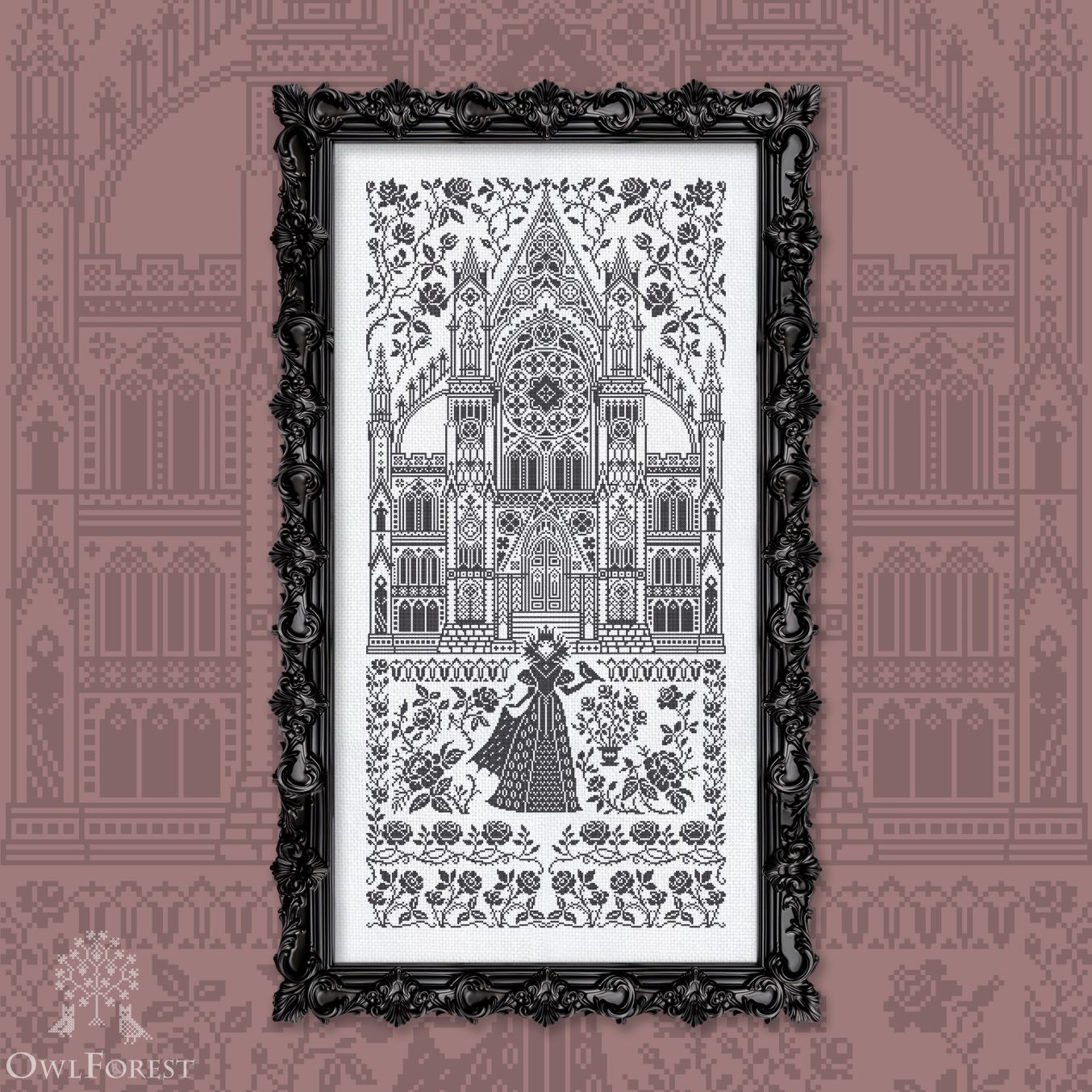 Black Roses by Owl Forest Embroidery 2024 Printed counted cross stitch pattern, Set of Hand-Dyed Threads (DMC)  32 ct. with 2 strands